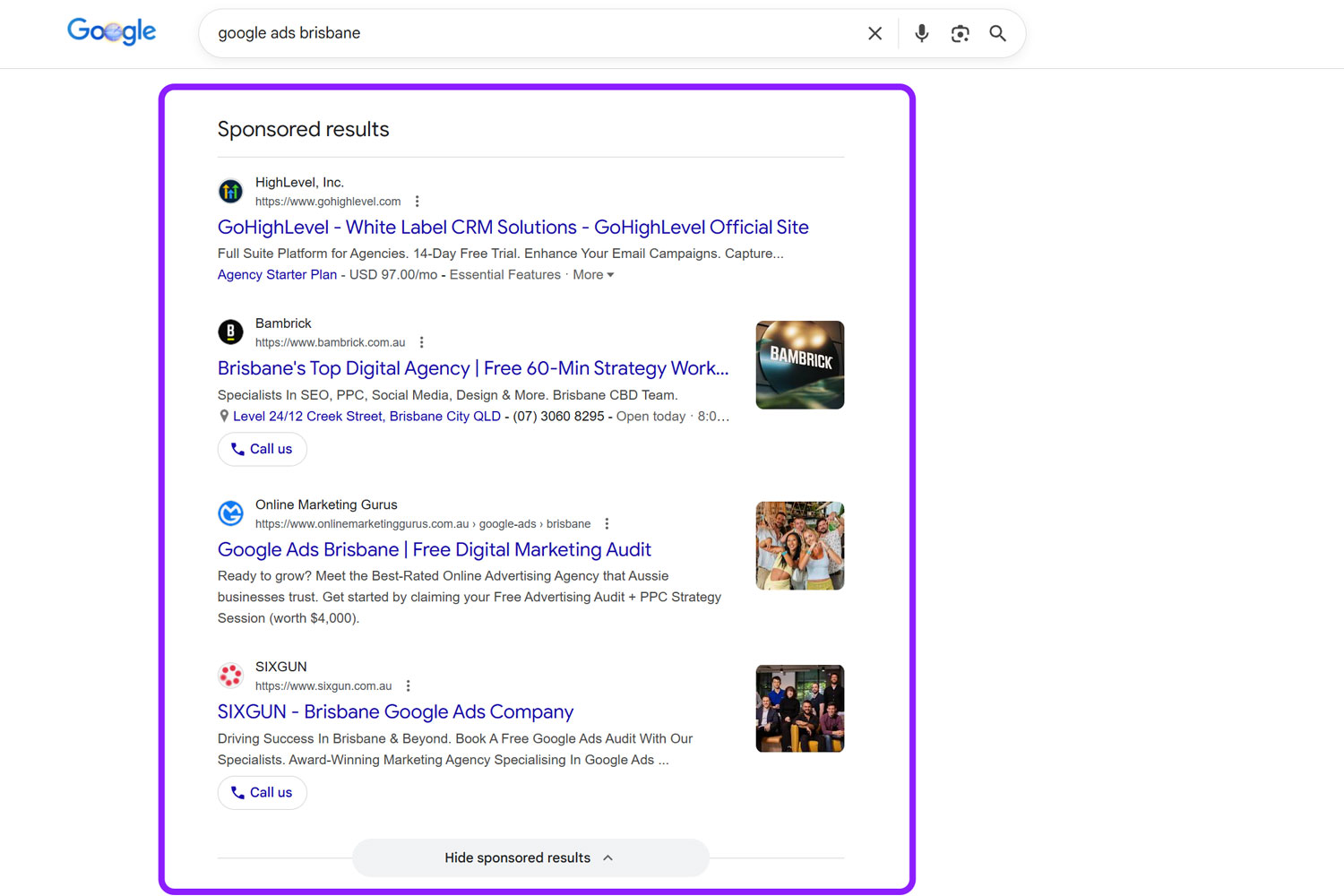 highlight of paid results for the keyword 'google ads brisbane'