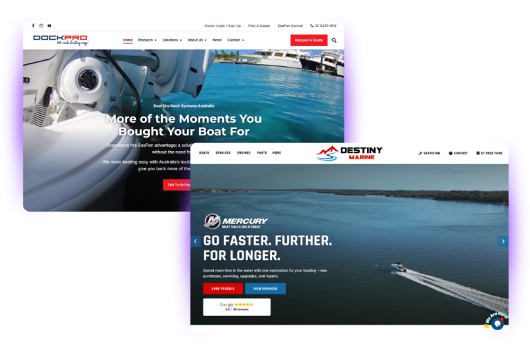 Marine business marketing concept showing boats and customers researching online