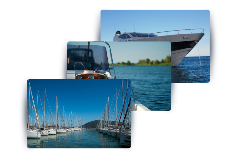 Boats being photographed and filmed on water using drone and onboard cameras