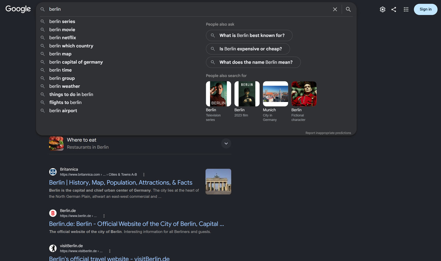 Example of multiple 'Berlin' entities in Google search results.