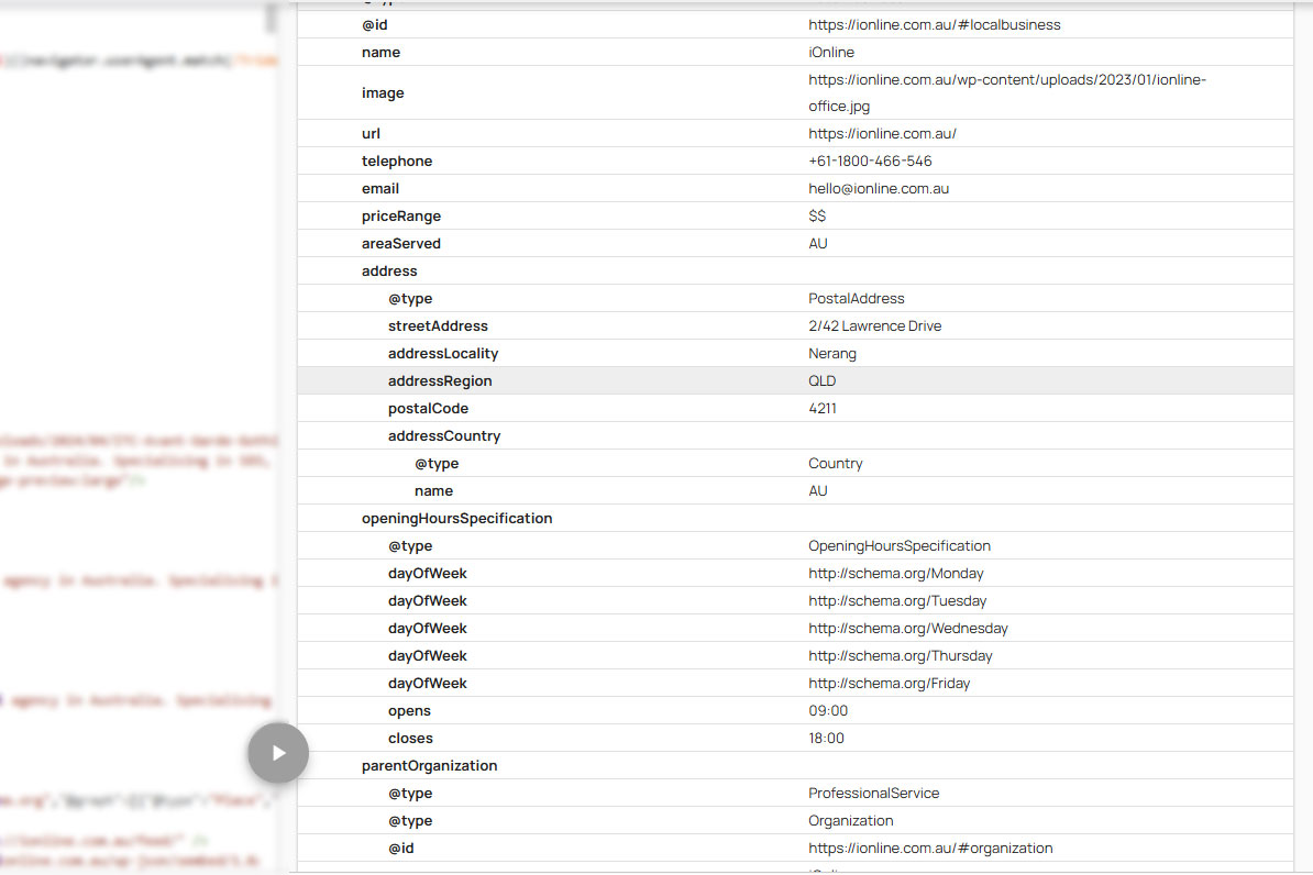 Schema for ionline.com.au being validated by Schema.org.