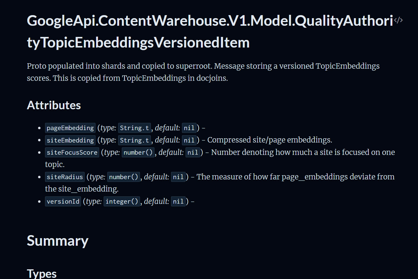 Screenshot of the QualityAuthorityTopicEmbeddingsVersionedItem module